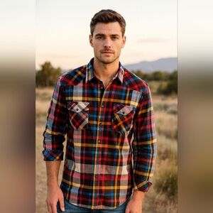 Matchstick Argus Men's Multicolor Plaid Flannel Western Button Up Shirt‎ Size L